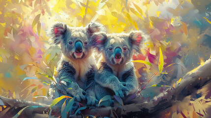 Peinture digitale colorée d'un couple de koalas posant sur une branche d'eucalyptus - obrazy, fototapety, plakaty