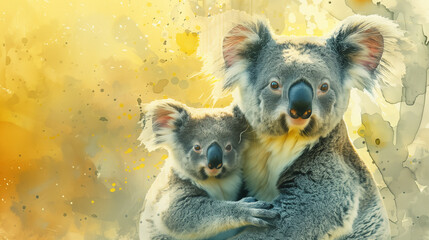 Mère koala et son petit, dessin à l'aquarelle, fond jaune - obrazy, fototapety, plakaty