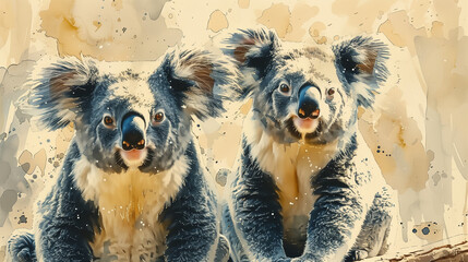 Portrait à l'aquarelle d'un couple de koalas réalistes sur fond beige - obrazy, fototapety, plakaty