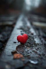 A red heart is sitting on a train track