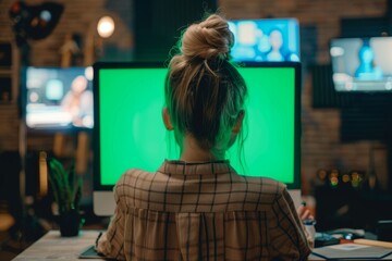 App preview over shoulder of a girl in front of a computer with an entirely green screen - obrazy, fototapety, plakaty