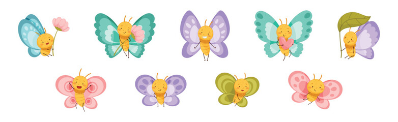 Funny Butterfly Character Flying with Wing and Smiling Face Vector Set