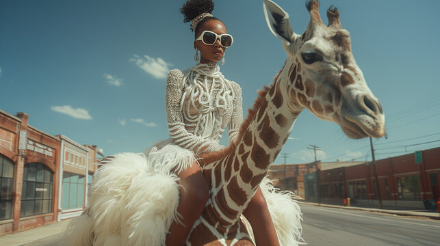 Exotique et excentrique : mannequin en robe de mari&eacute;e chevauchant une girafe dans un environnement urbain