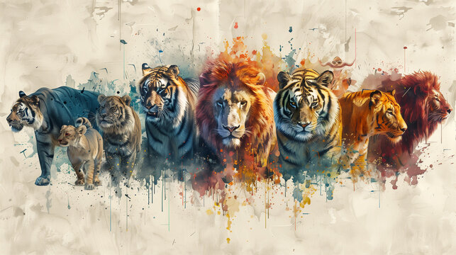 Ligne de grands f&eacute;lins carnivores de zoo, portraits de fauves : tigres et lion de tous genres et ages, peinture &agrave; l'aquarelle