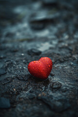 Fototapeta premium Red heart shape on a wet stone surface