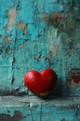 A red heart is sitting on a blue wall