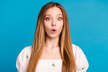 Photo of shocked girl feel look astonished isolated blue color background