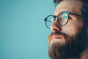 Portrait of stylish thinking  young man with beard wearing eyeglasses. Closeup face of handsome guy. man looking ahead with copy space. Business concept - obrazy, fototapety, plakaty