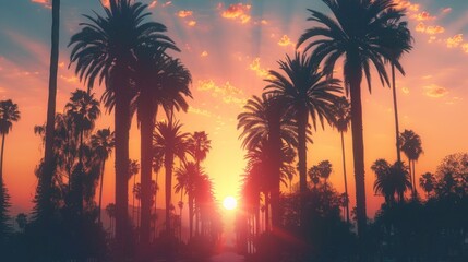 beautiful sunrise view with view of retro neon colored palm trees and mountains in a beautiful sunset - obrazy, fototapety, plakaty