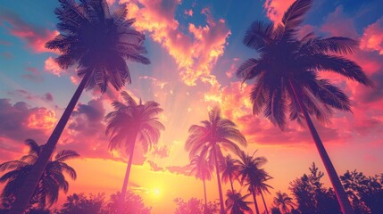Fototapeta na wymiar beautiful sunrise view with view of retro neon colored palm trees and mountains in a beautiful sunset in high resolution