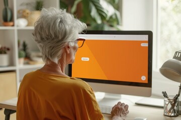 App mockup shoulder view of a middle-aged woman in front of a computer with a fully orange screen