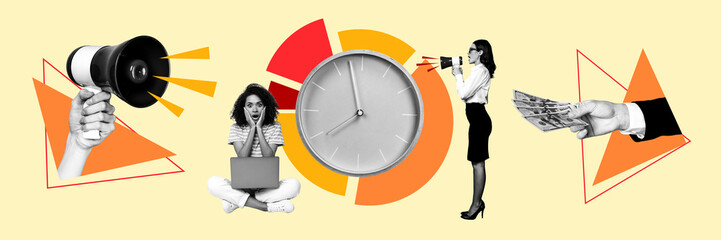 Composite artwork collage of horizontal panorama black white lady boss colleagues hold money loudspeaker shocked woman work on laptop