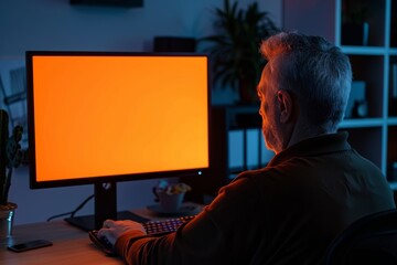 Digital mockup over a shoulder of a mature man in front of a computer with a fully orange screen