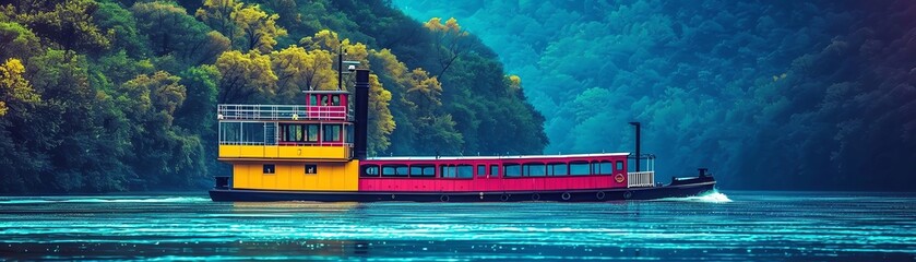 Historic steamboat on a scenic river, nostalgic, travel photography, riverine journey - obrazy, fototapety, plakaty