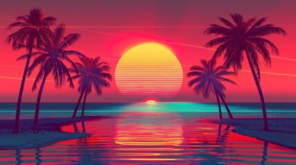 Fototapeta na wymiar Beautiful sunrise view overlooking palm trees and mountains in retro neon color on a beautiful sunset in high resolution and high quality. retro,neon concept