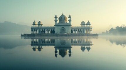 Fototapeta premium Historical building reflected on the water surface in a misty environment.