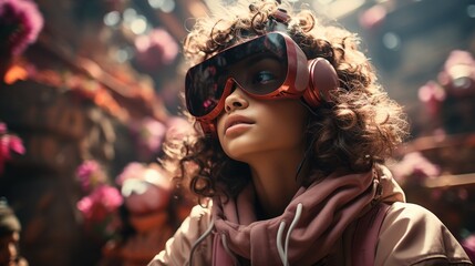 A group of kids with VR headsets exploring virtual worlds of future careers - obrazy, fototapety, plakaty