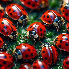 Beautiful close-up of a red ladybug on a green leaf