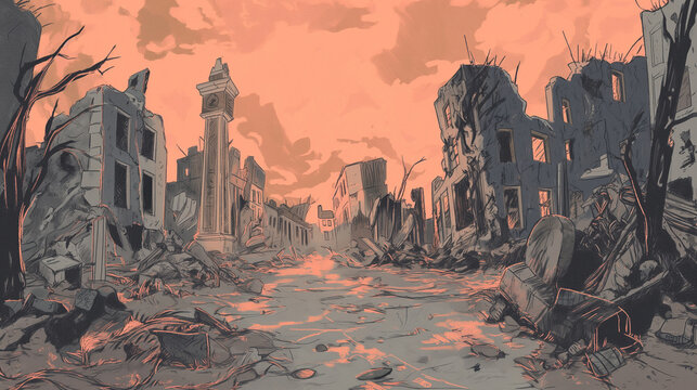 Twilight over a haunting post-apocalyptic cityscape with skeletal buildings under a reddish sky.