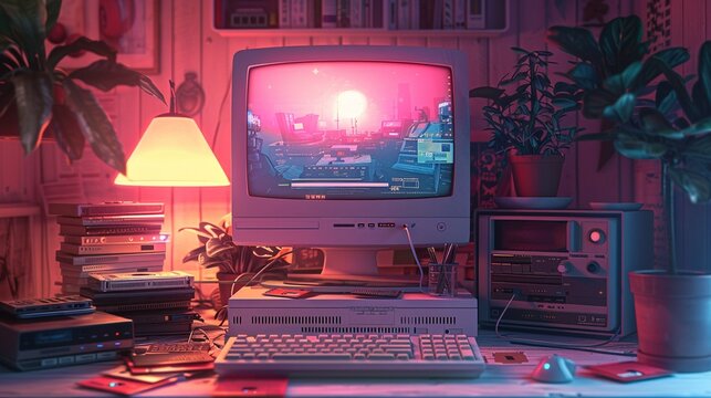 An old 90s computer desk setup with floppy disks scattered around