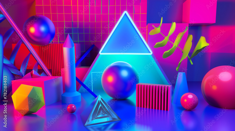 Poster neon geometry: 3d render of geometric shapes with vibrant colors on reflective surface.