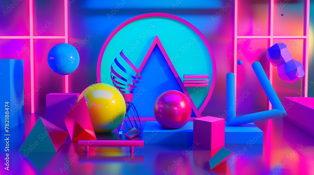 Poster neon geometry: 3d render of geometric shapes with vibrant colors on reflective surface.