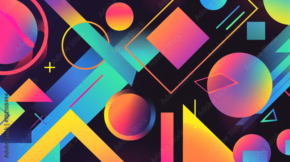 Poster abstract geometry: dynamic composition of neon shapes and patterns on a dark background.