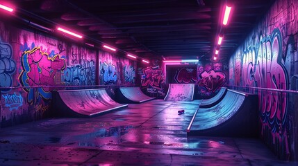 Illustrated 90s skateboard park with ramps - obrazy, fototapety, plakaty