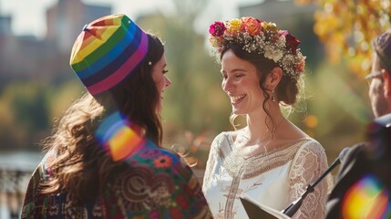 Joyous bride with floral crown and rainbow-themed wedding attendee