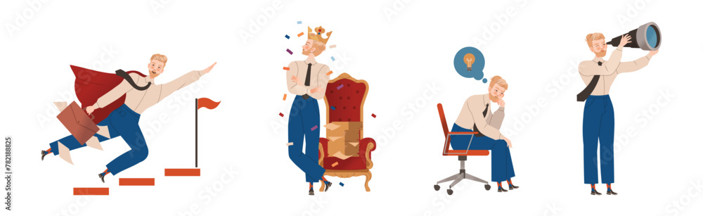 Poster man business employee and clerk character vector set