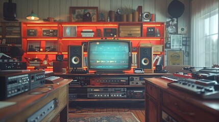 A 90s radio station studio vintage microphones and tapes - obrazy, fototapety, plakaty
