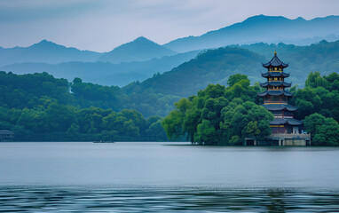 Lake scenery in Hangzhou, China,created with Generative AI tecnology.