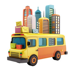 A yellow bus carrying a variety of boxes on its roof, set against a transparent background. The scene suggests a busy delivery or transportation operation taking place.