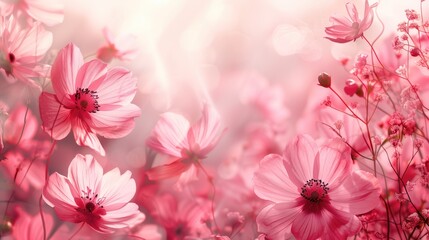 spring nature background. spring pink flowers close up on abstract light backdrop. spring season concept, symbol of 8 March, women's day, copy space, generative ai