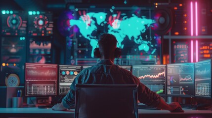 Back view of a person with headphones sitting in front of monitors with a world map and data statistics.