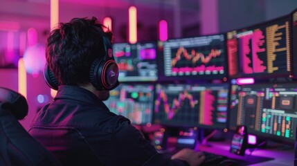 Person at a computer workstation with multiple monitors displaying colorful data analysis graphs.