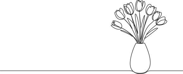 continuous single line drawing of tulips in flower vase, line art vector illustration