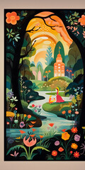 Enchanted forest landscape with fairytale castle: A serene moment captured in vibrant colors