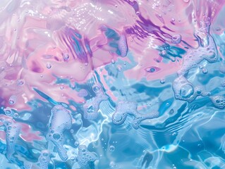 Top view Closeup of solid pastel color transparent clear calm water surface texture with splashes and bubbles