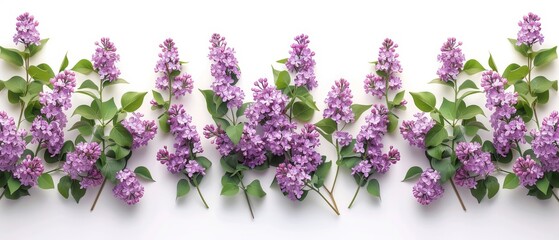 A beautiful floral border ornament consisting of lilac flowers, green foliage and magnolia isolated on white background. Copy space available for photos and text.