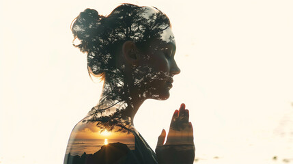 Meditative posture of woman in silhouette with beach and trees double exposure - calming meditation, beach meditation.