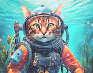 Cat Scuba Diving in Gear Illustration AI