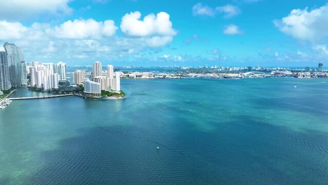 4k Drone Video city skyline with river and bridge Brickell miami fl business district	