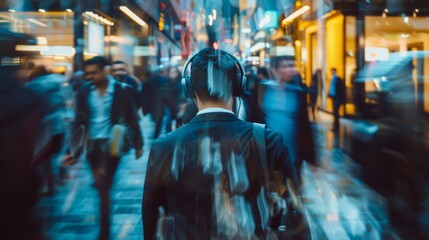 Man in business attire walking through a busy city street with a motion blur effect.