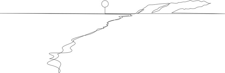 Sea beach with sun one continuous line drawing. Single line nature landscape with sunrise or sunset on coast. Vector illustration.