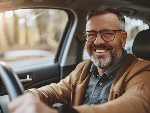 Adult man smiling while driving car, Happy man feeling comfortable sitting on driver seat in his new car	
