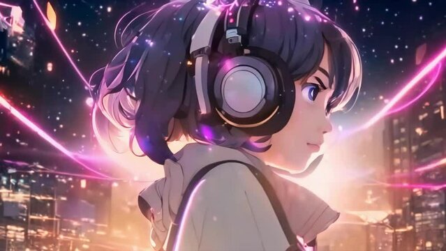 Lofi animation 3d cartoon character girl listening to music in animation style, anime girl animation, lofi girl music, relaxing mind, - Seamless loop animation, created using AI Generative Technology	