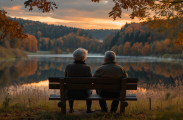 An elderly couple together in a romantic setting at sunset