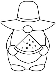 Summer gnome holding watermelon outline vector