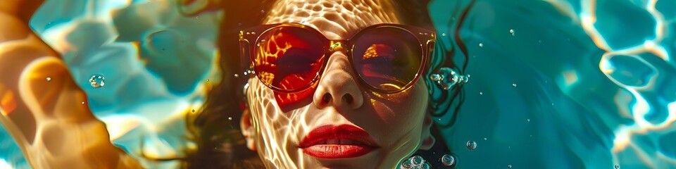 Elegant woman submerged in water wearing sunglasses. Luxury and summer fashion concept. - obrazy, fototapety, plakaty